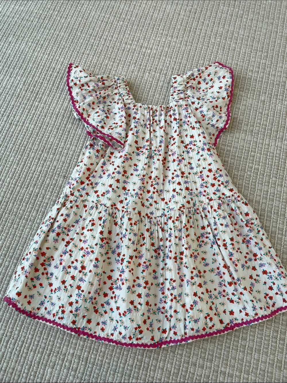 Zara White Dress with Red and Blue Floral Print and Pink Trim